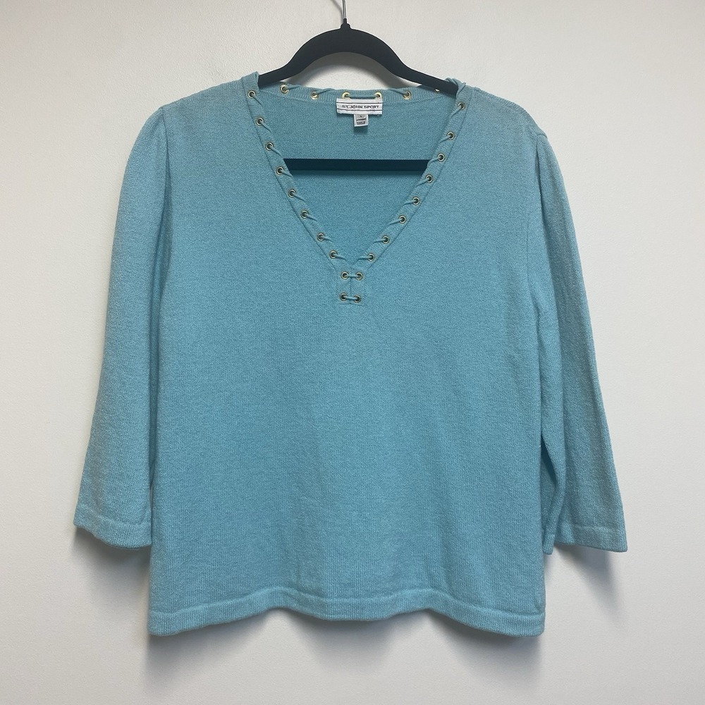 St John Sport Womens Sz L Blue Knit Top Lace Up Grommet Neck 3/4 Sleeve Sweater